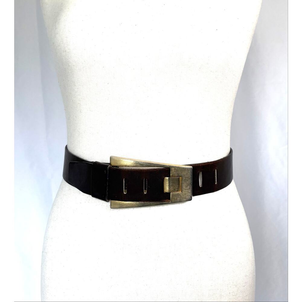 Vintage Garay Brown Leather Belt Medium Gold Geometric Buckle 7629 Wide Retro